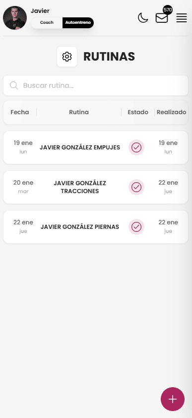 Vista de listado de rutinas para el cliente