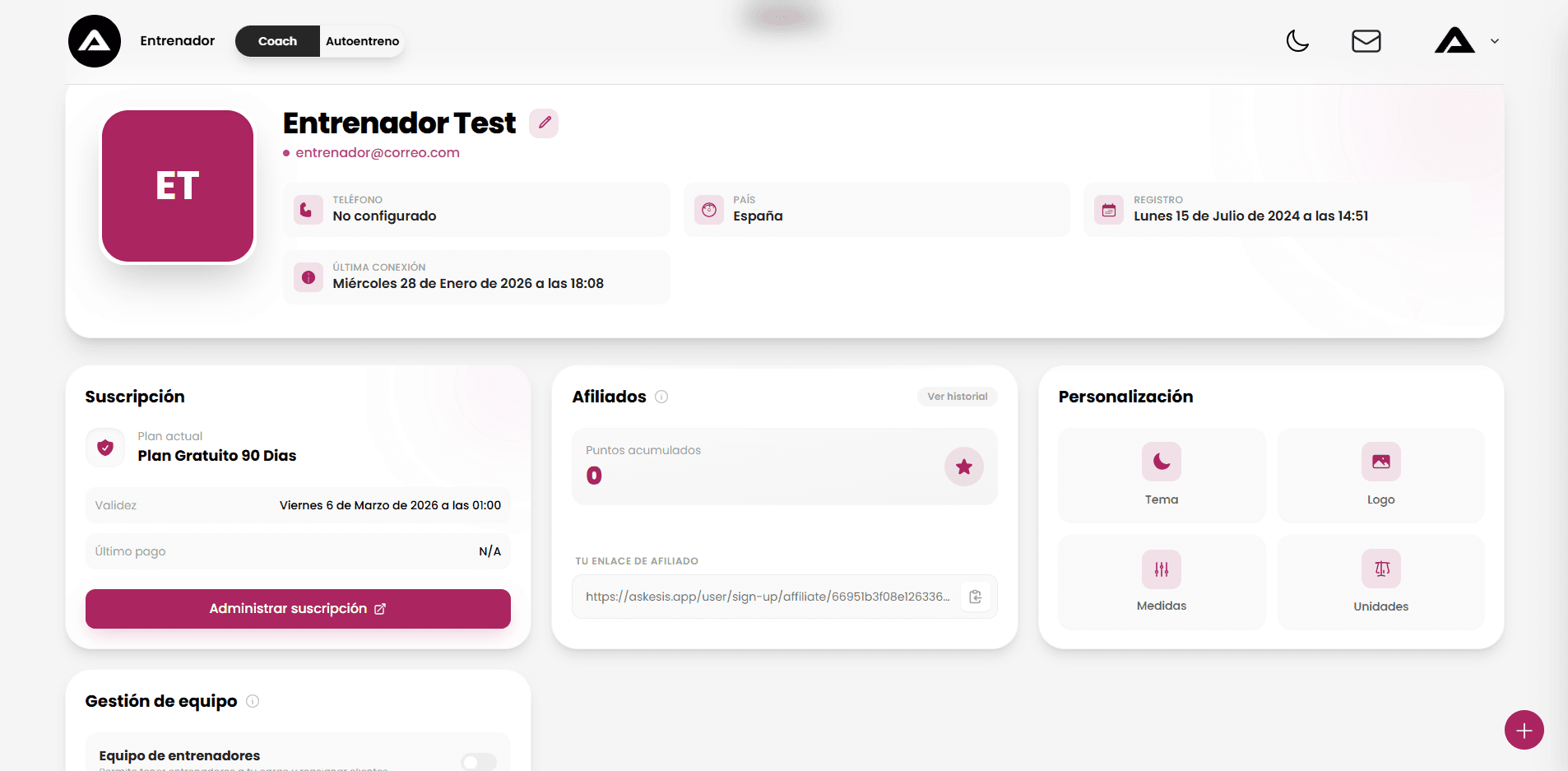 Sección de perfil del entrenador