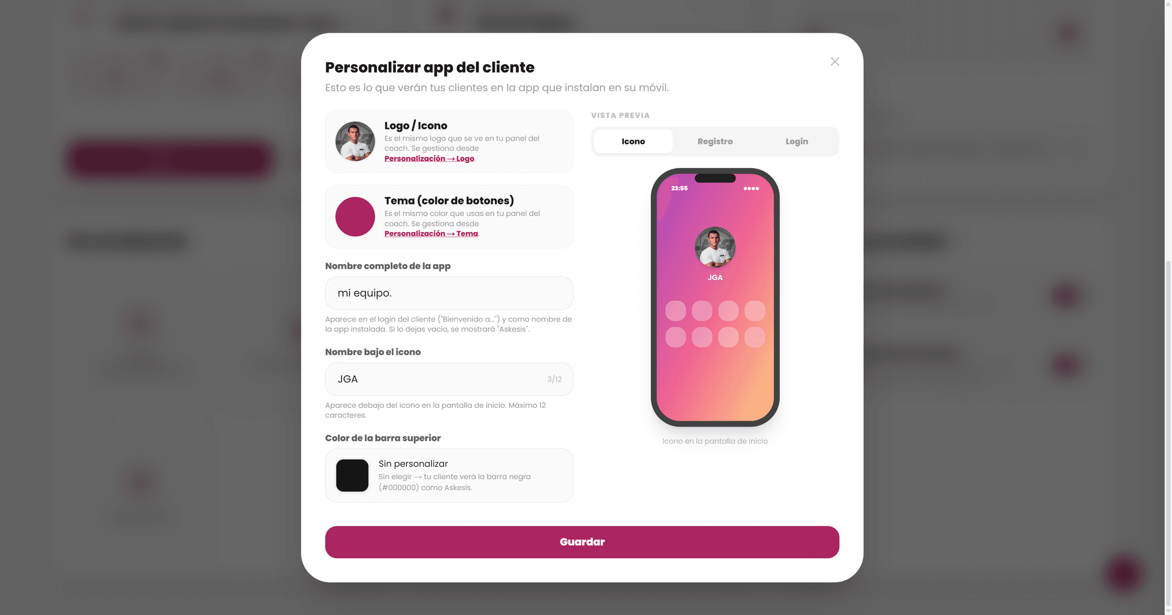 Personalización de la app del cliente con logo, nombre y color en Askesis