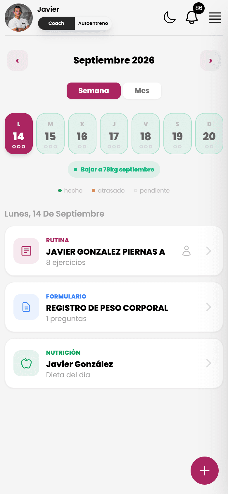 Vista de listado de rutinas para el cliente