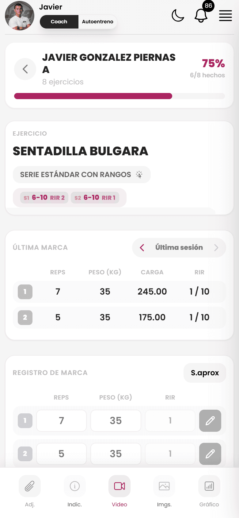 Ficha del ejercicio y registros