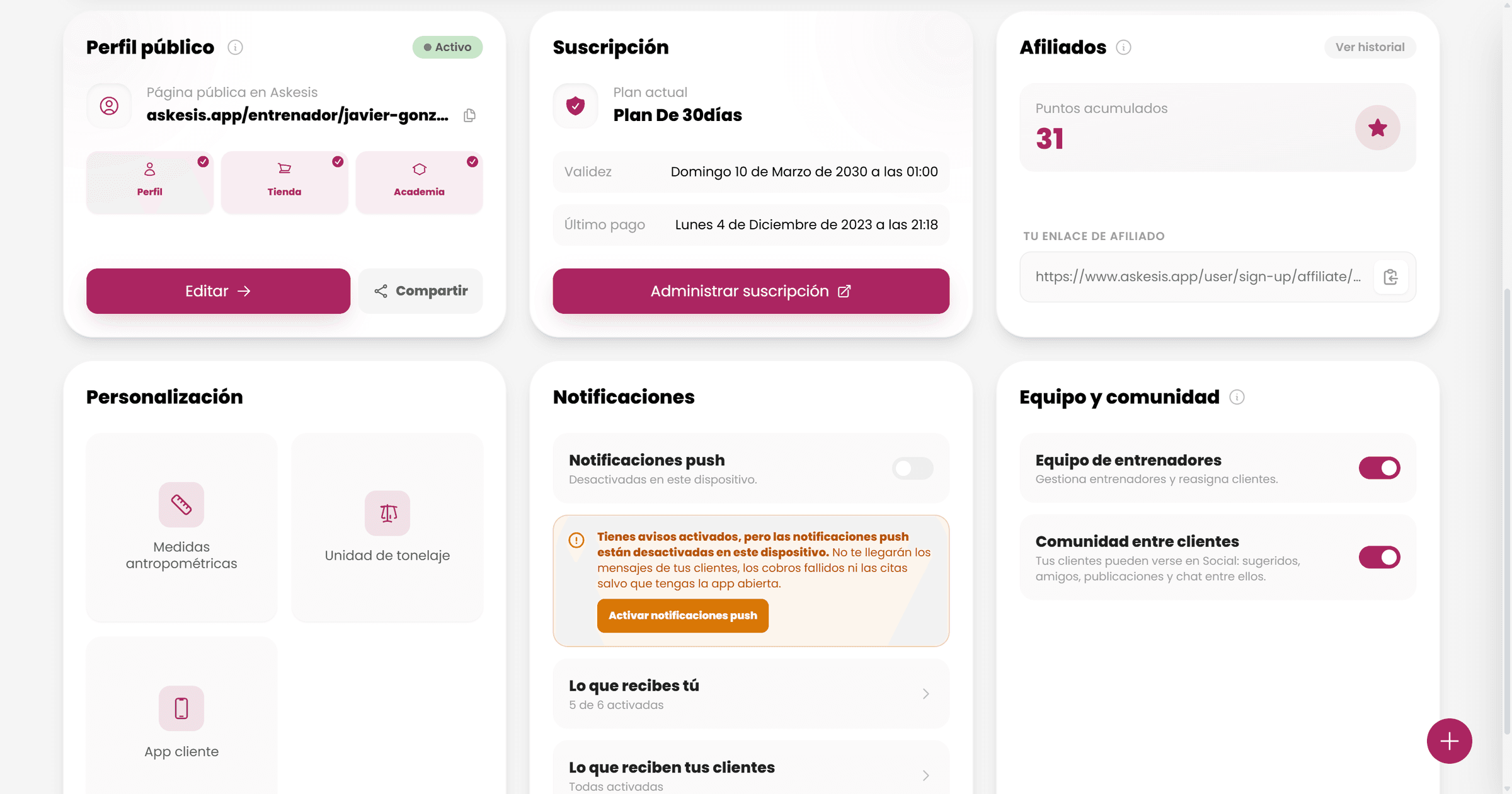 Sección de perfil del entrenador