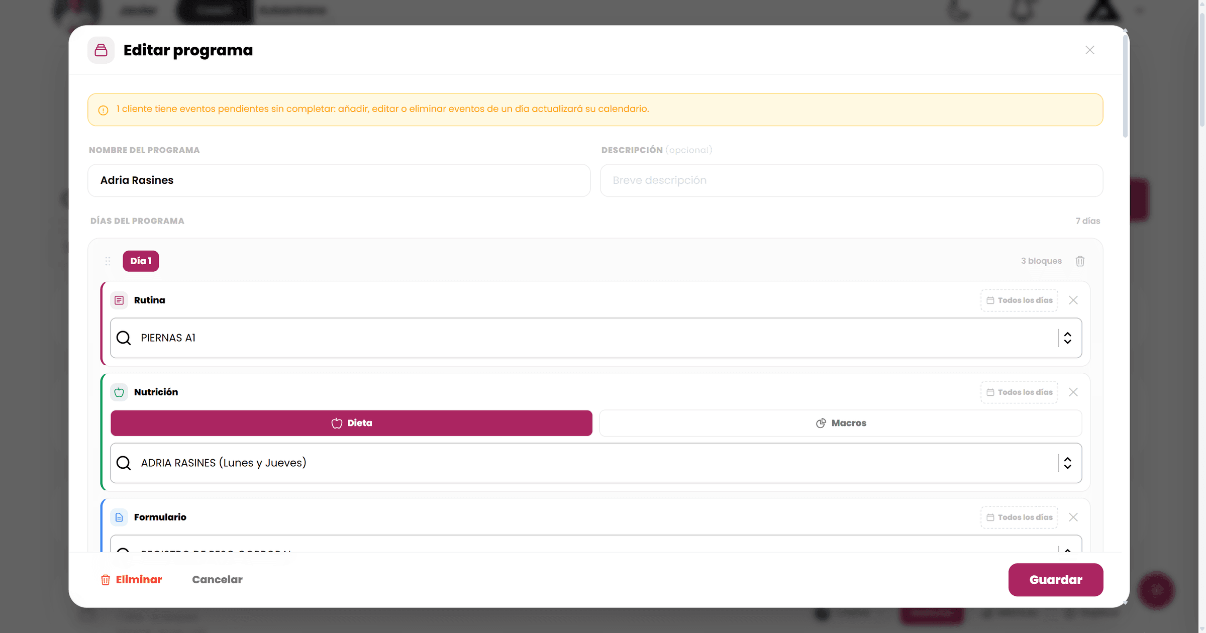 Editor de programa con días y bloques en Askesis